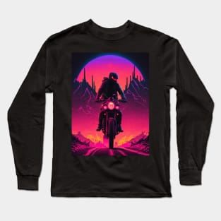 Cyberpunk Motorcyclist Riding Down A Road With Synthwave Sun Behind Him Long Sleeve T-Shirt